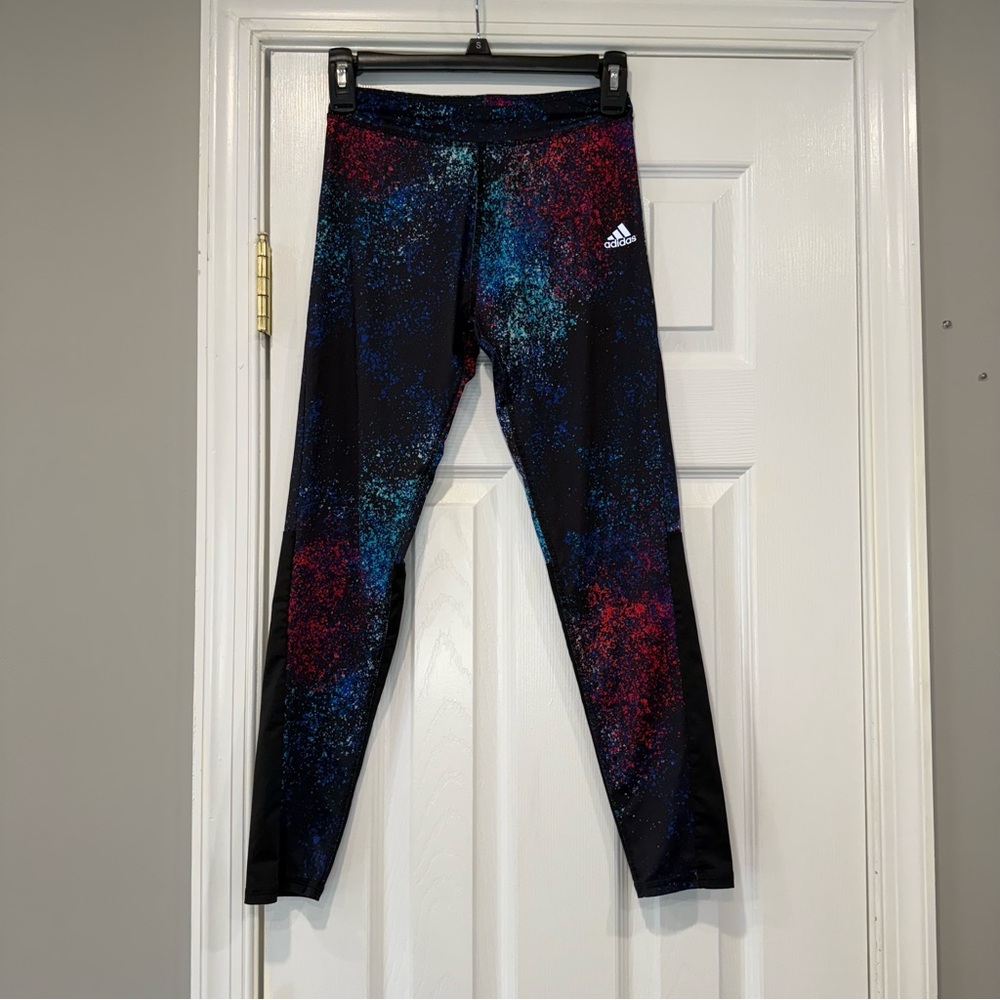 Adidas Speckled Space Dye Leggings Black Blue Pink Girls Size Large 14 Athletic